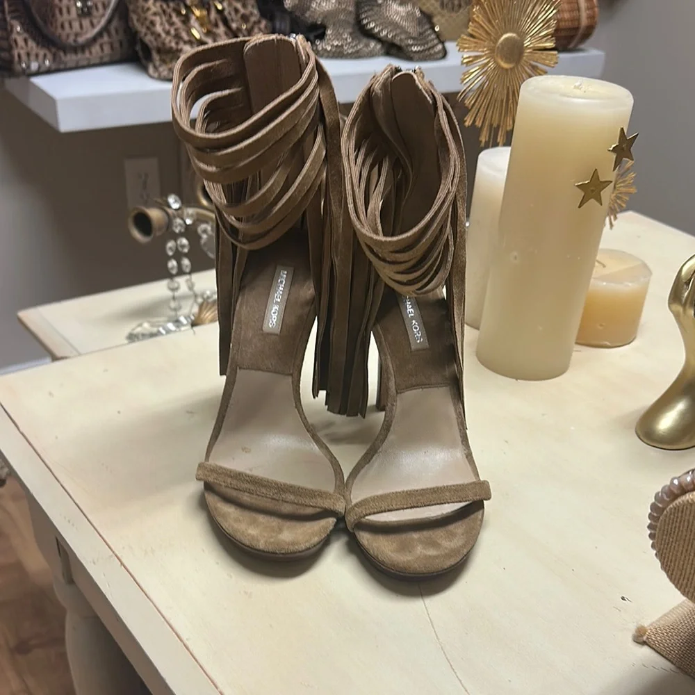 Fringe Tan Michael Kors High Heel Sandals - Picture 5 of 6